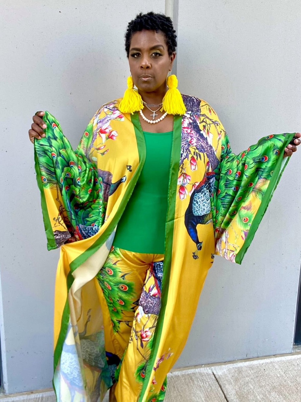 Vibrant Peacock Print Satin Kimono Set in Yellow & Green